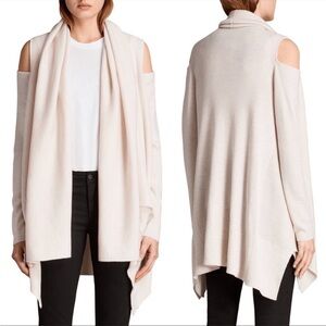 ALLSAINTS Cava Cold Shoulder Draped Open Cardigan Almond Medium FLAW
